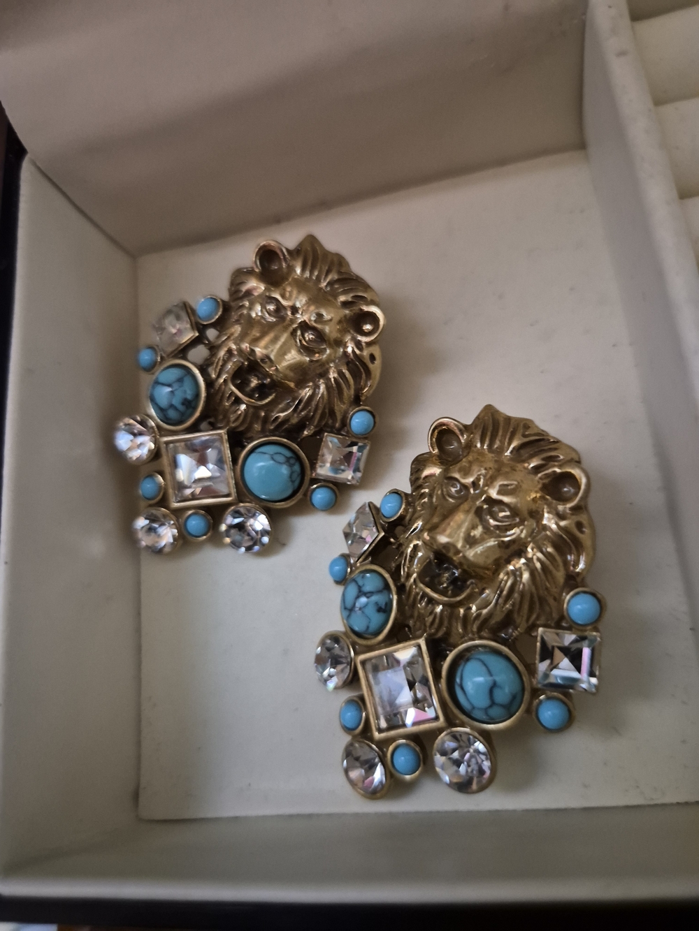 Gold Lion Head Earrings with Turquoise Accent Stones